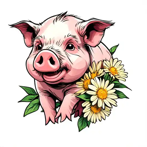 baby pig with aster flower tattoo design idea