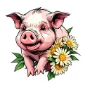 baby pig with aster flower tattoo design idea