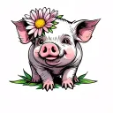 baby pig with aster flower tattoo design idea