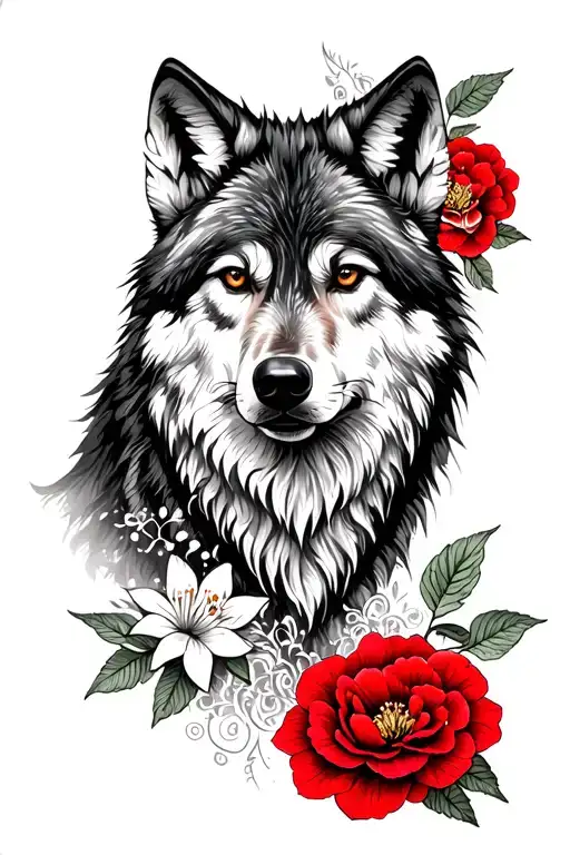 wolf with red camellia and jasmine flower tattoo design idea