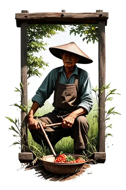 "Maybe so" "Maybe so…" old Chinese farmer working in the field with his face hidden by his hat tattoo design idea