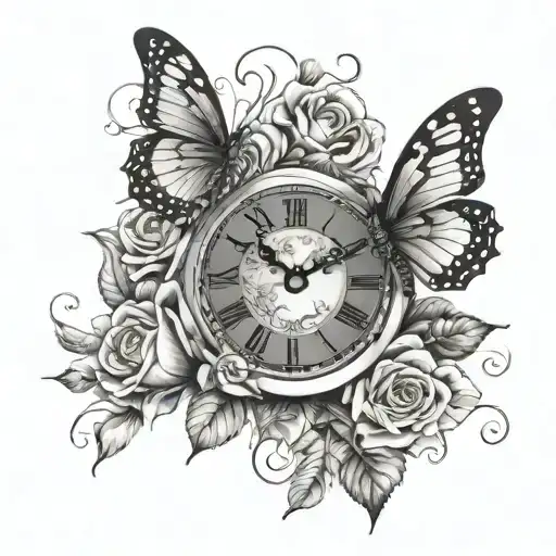 roses clock butterfly names incorporated tattoo design idea