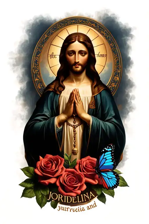 jesus, mother mary praying with the rosary, roses on the bottom, the name jordelina and a butterfly beside her name tattoo design idea