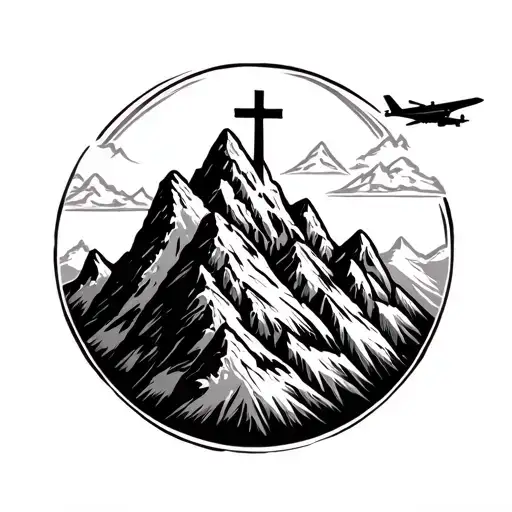 mountains with a cross on the peak and a  small airplane flying by tattoo design idea