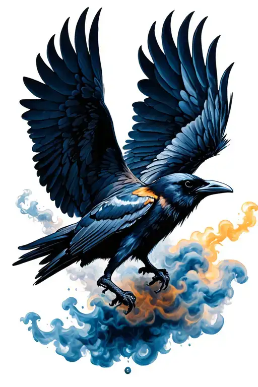 raven flying with wings forming smoke in water color style. tattoo design idea