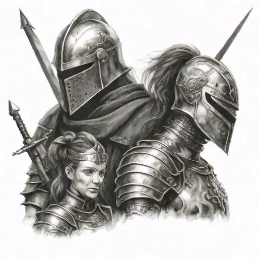 Knight warrior with 2 daughters tattoo design idea