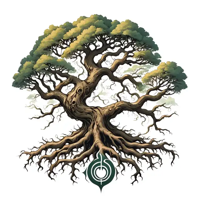 Yggdrasil Tree with entertwined roots forming around it tattoo design idea