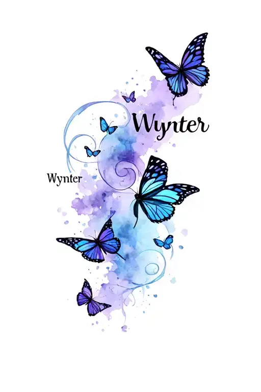 Wynter in individual letters down middle back with butterflies spiraling around the name with faint blue/purple wings. tattoo design idea
