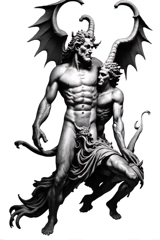 asmodeus and Lucifer statues symbolizing strength tattoo design idea
