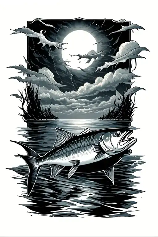 Storm with boat and tarpon swimming beneath tattoo design idea
