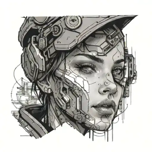 beautiful girl face close up, cyberpunk style,  with a cyberpunk city night making the bottom of the image,   tattoo design idea