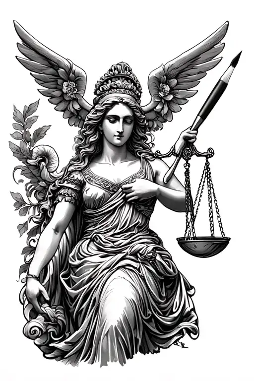 Tattoo sketch, forearm and brush, goddess of justice, style of Stanislav Gromova, realism, black and white, clear lines, high tattoo design idea