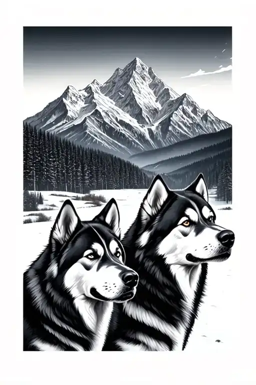 mountains, mining, Cadillac and two huskies tattoo design idea