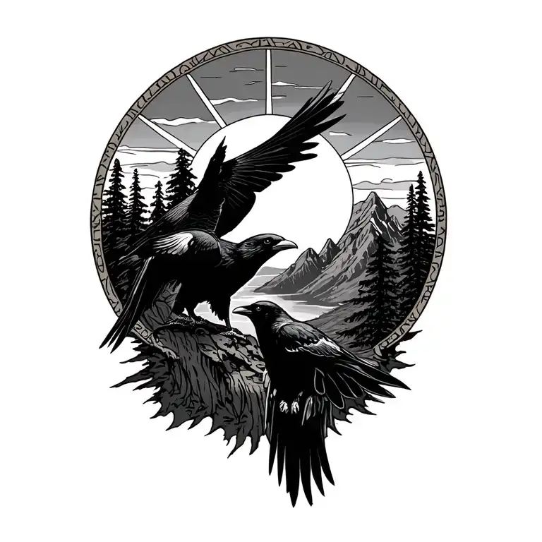 The Algonquin, Iroquois, and Boundary Mountain Range in the Adirondacks with two ravens around the wheel of dharma sun tattoo design idea