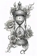 broken clock with hourglass with water and quote " until the end" tattoo design idea