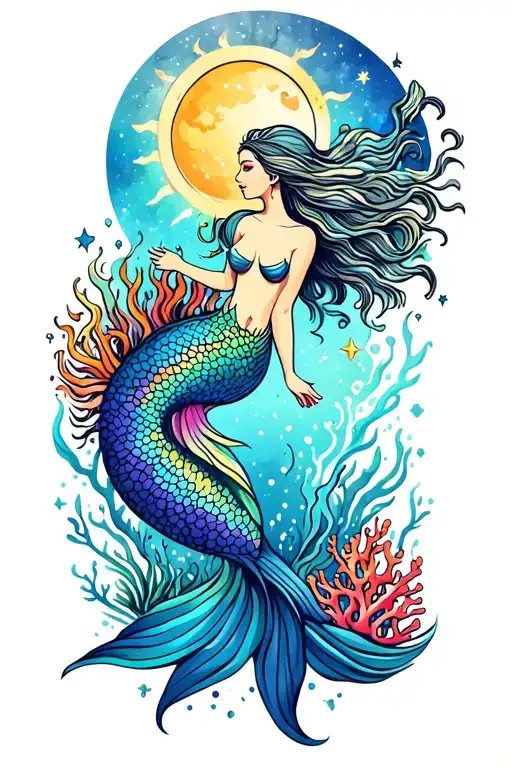 Aquarius mermaid underwater scene with colorful coral and sun and moon and stars above and galaxy  tattoo design idea