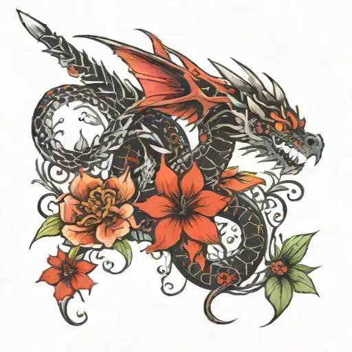 Slim and defined spine tattoo with red and black, dragon flowers leaves sword tattoo design idea