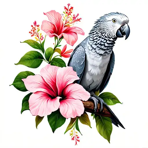 African Grey parrot perched + hibiscus flower + bougainvillea flower tattoo design idea