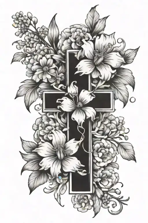 cross with february birth flower and march birth flower tattoo design idea