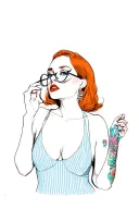 Full body modern pinup, pop art. Redhead, blue eyes, striped light blue/white one-piece. Glasses pulled down with one ha tattoo design idea
