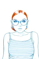 Full body modern pinup, pop art. Redhead, blue eyes, striped light blue/white one-piece. Glasses pulled down with one ha tattoo design idea
