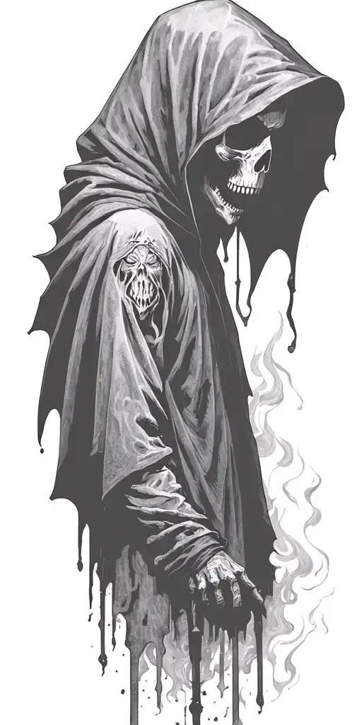 hooded reaper silohuette, smoke, fire, scary, bat wings tattoo design idea