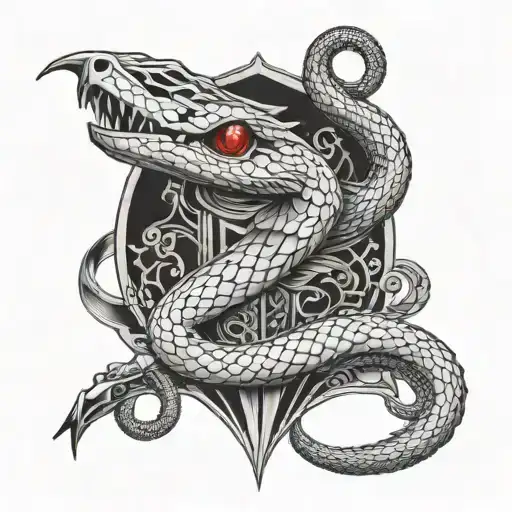 silver dagger, snake handle with ruby ​​red eyes looking tattoo design idea