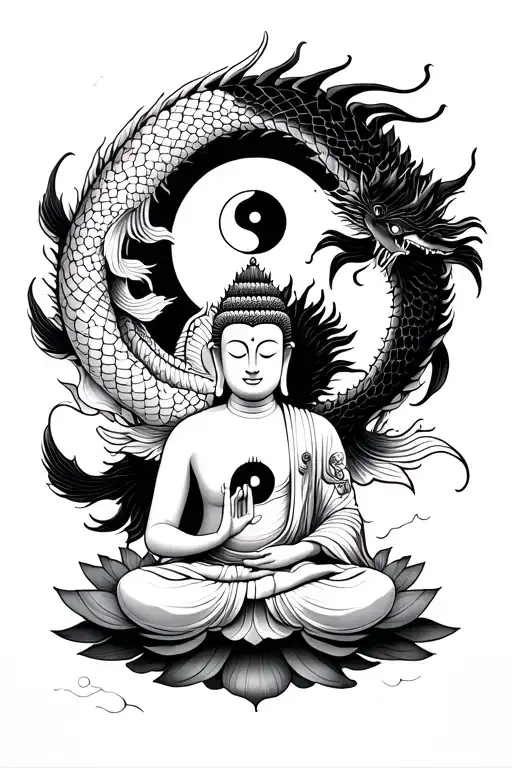 full back tattoo of a buddha sitting on a lotus, holding yin yang, with a black and a white koi turning into dragons. tattoo design idea