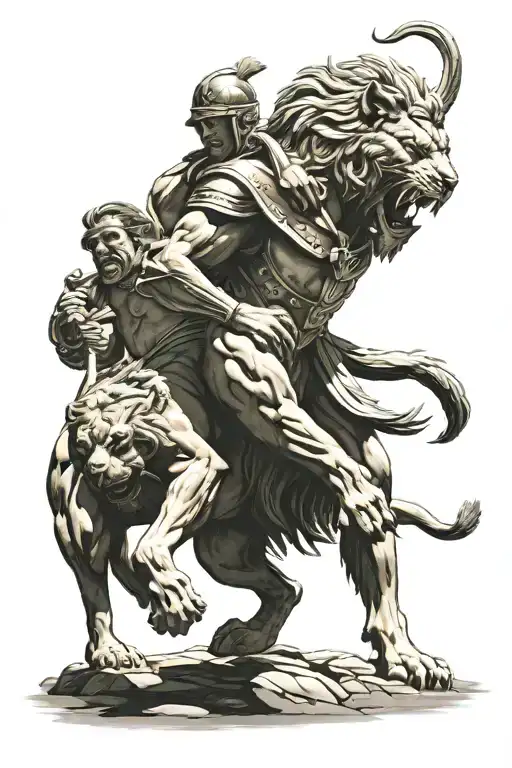Spartan warrior fighting a lion tattoo design idea