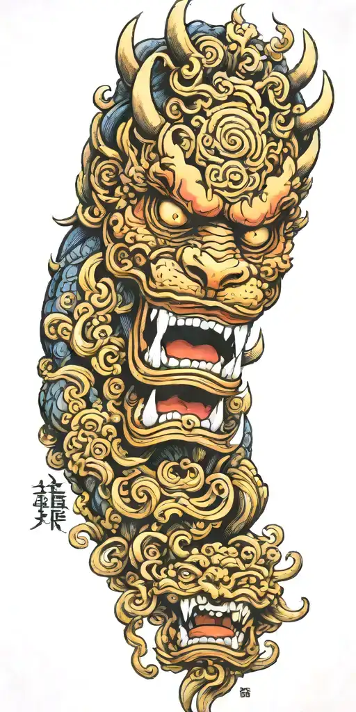 foo dog, oni demon mask, finger waves crashing tattoo design idea