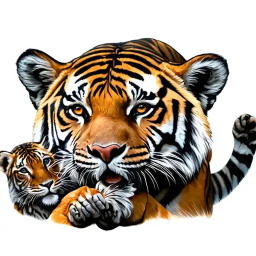 Tiger with two cubs one pawing others head  tattoo design idea