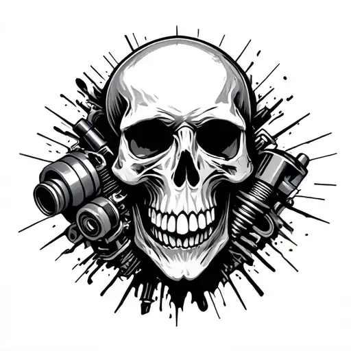 ghoul style skull with an engine piston coming out of the skull tattoo design idea