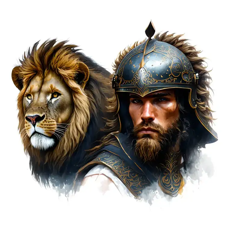 warrior wearing helmet with lion next to it  tattoo design idea