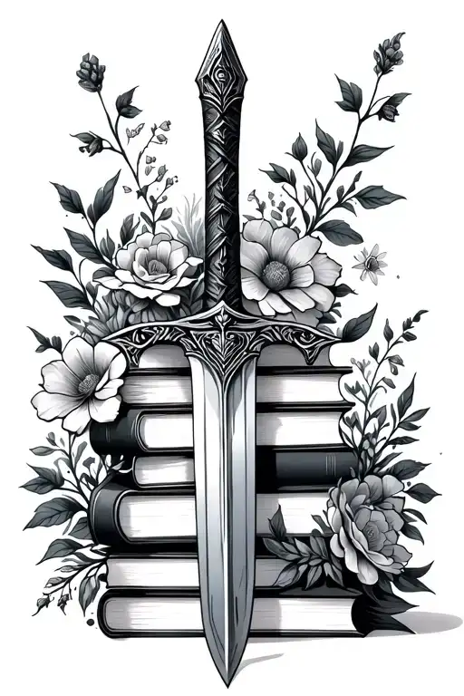 sword, stack of books surrounded by florals tattoo design idea