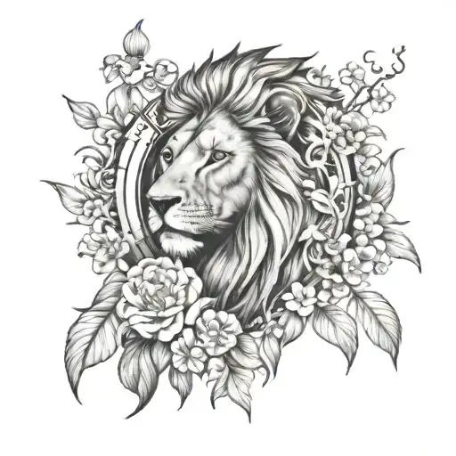 lion and lillys and roman numeral clock tattoo design idea