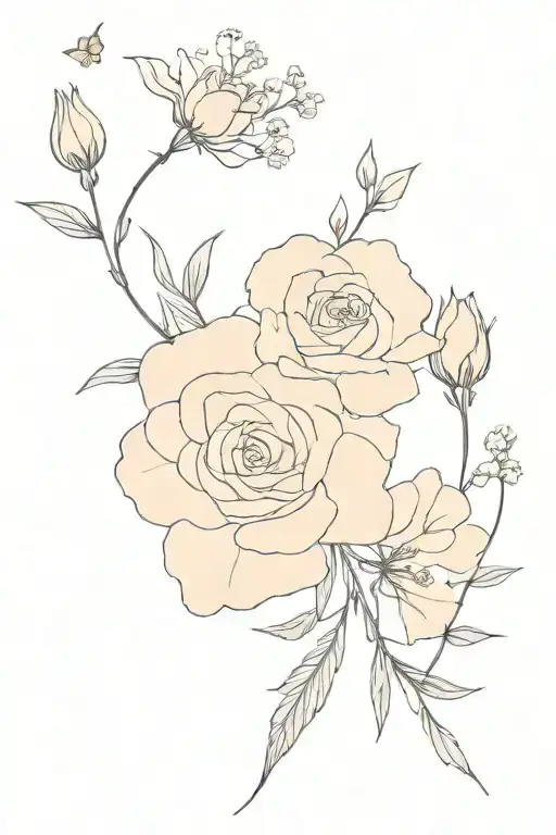 rose baby's breath lavender marigold flowers tattoo design idea
