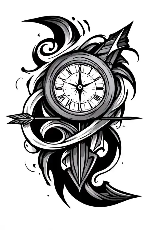 arrow on forearm tribal shooting through a half compass hald clock  tattoo design idea