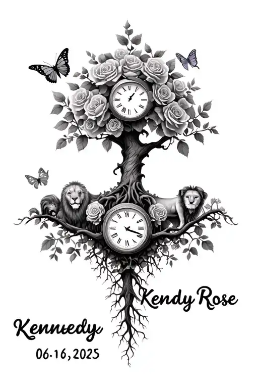 "Kennedy Rose 06/16/2025" rose tree with strong roots for daughter Kennedy Rose. include a clock, a lion, and a butterfly.  tattoo design idea