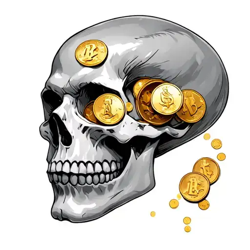 A faceless humanoid or skull with gold coins embedded in the eye sockets. tattoo design idea