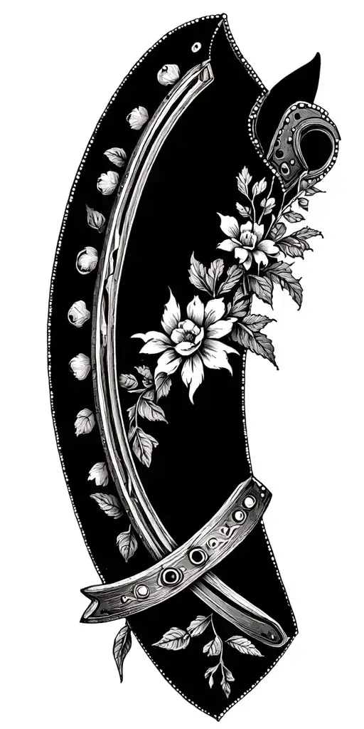 A dotwork tattoo of a horseshoe surrounded by spurs and delicate floral elements tattoo design idea
