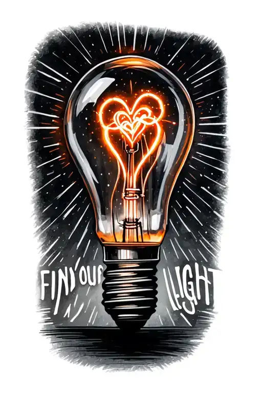 a lightbulb with a heart filament  and rays emitting from it. the tattoo also says find your light  tattoo design idea
