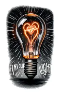 a lightbulb with a heart filament  and rays emitting from it. the tattoo also says find your light  tattoo design idea