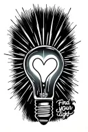 a lightbulb with a heart filament  and rays emitting from it. the tattoo also says find your light  tattoo design idea