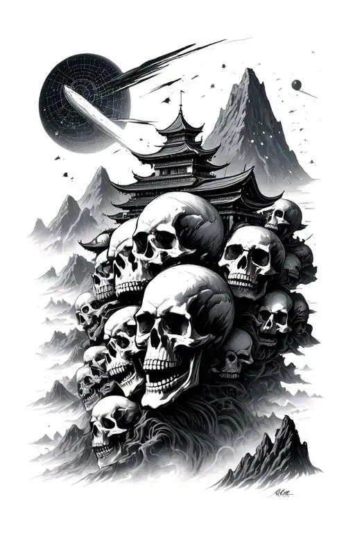 pile of skulls that turn into mountains with a floating dojo and a cyber grid sky that fades into outer space  tattoo design idea
