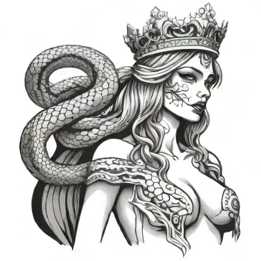 Snake and naked girl in cape and crown on background tattoo design idea