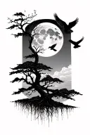 trees and moon and crows flying tattoo design idea