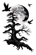 trees and moon and crows flying tattoo design idea
