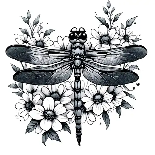 black and white dragonfly tattoo with dainty black and white wildflowers surrounding the dragonfly below the knee tattoo design idea