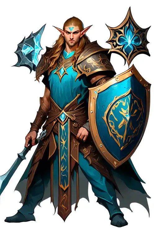 world of warcraft elf paladin with mace and shield tattoo design idea