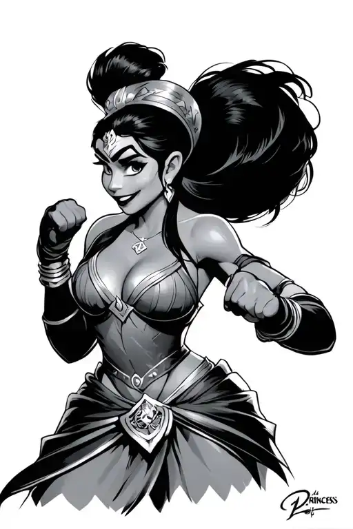 Princess Tiana from princess and the frog dressed as kitana from mortal combat with her teeth showing in fighting stance tattoo design idea